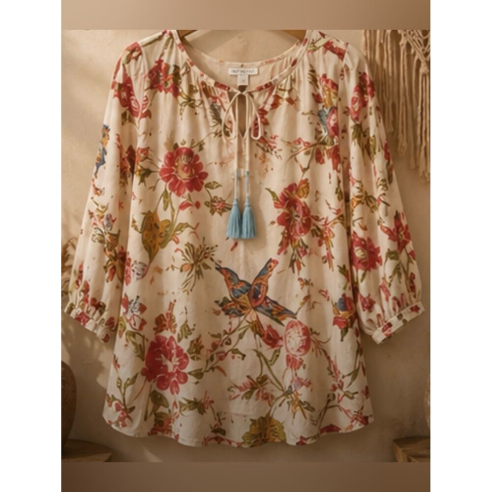 Sharon Young‎ Floral Blouse 3/4 Sleeves Size Large